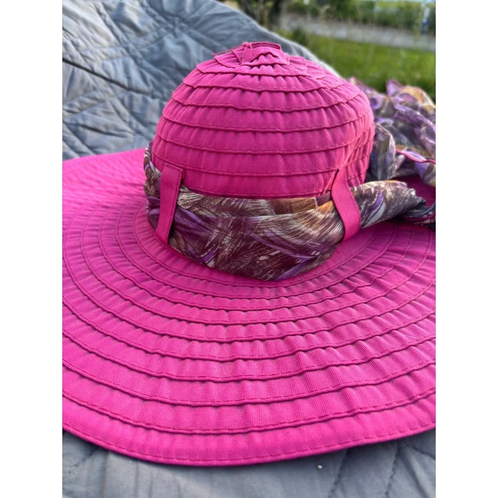 Wide Brim Grosgrain‎ Sun Hat Scala Fuchsia Pink Peacock Scarf